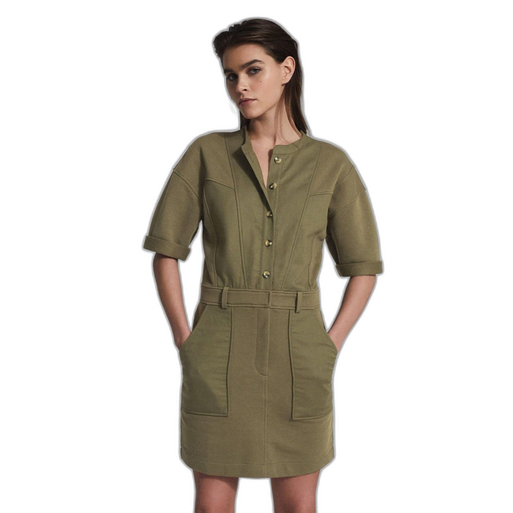 Reiss NWT Emlyn Sweatshirt Mini Dress Olive Khaki Panel Button Front Sz 8